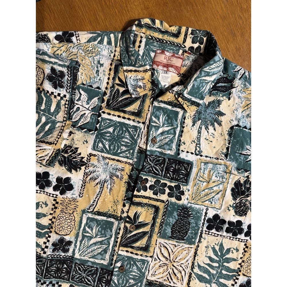 RJC Hawaiian Shirt Mens 3XL Cotton Aloha Tapa Patchwork Made Hawaii USA